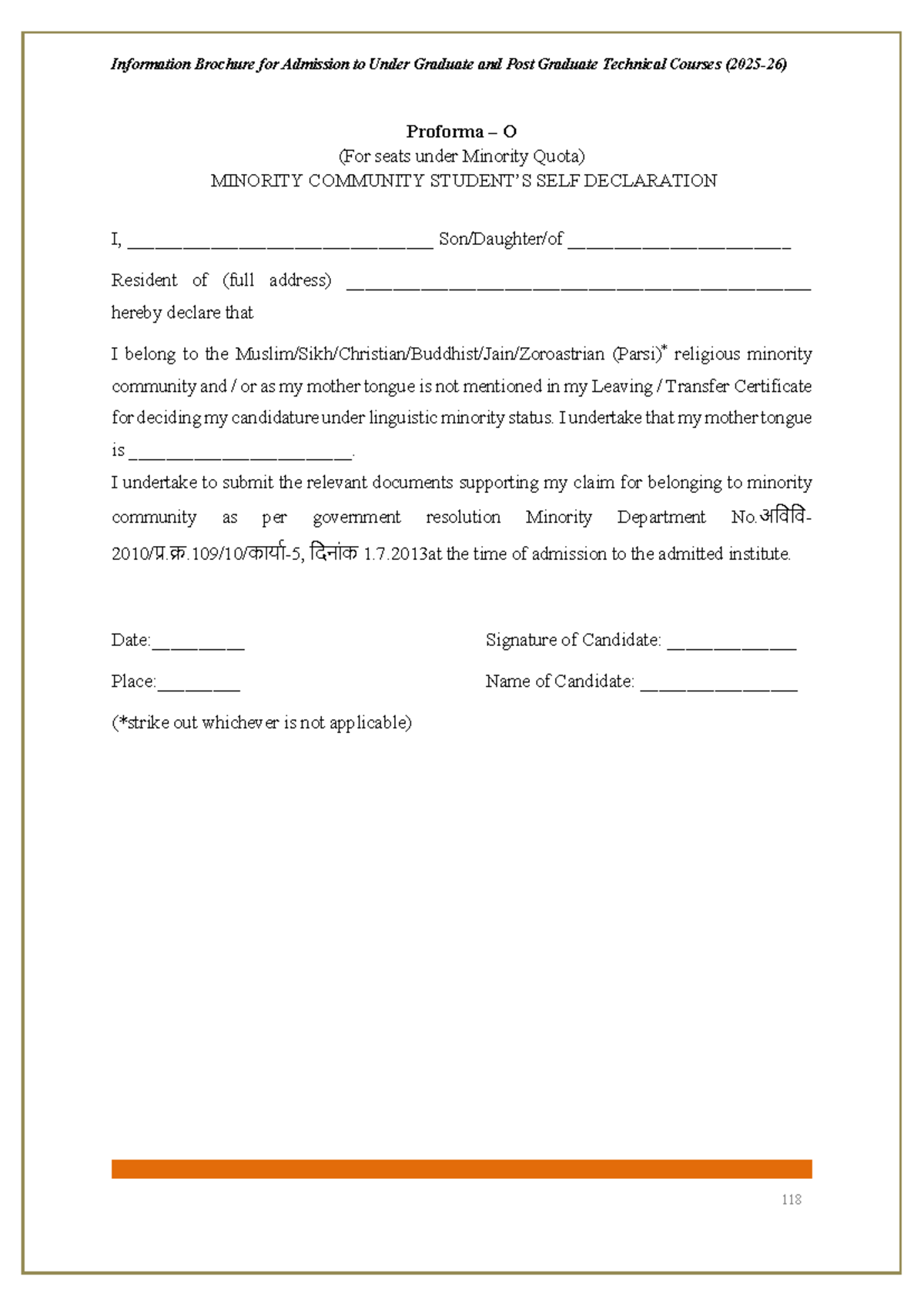 Minority Community Self Declaration for Admission Proforma O - Studocu