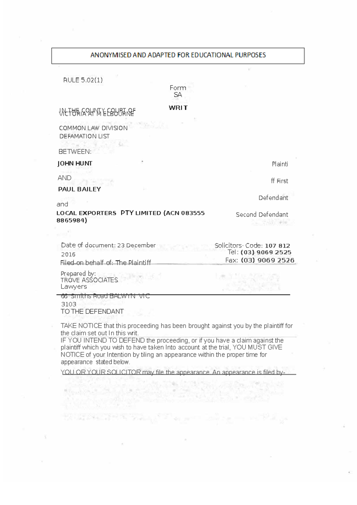 Hunt Statement of Claim - Defamation Proceedings Against Paul Bailey ...