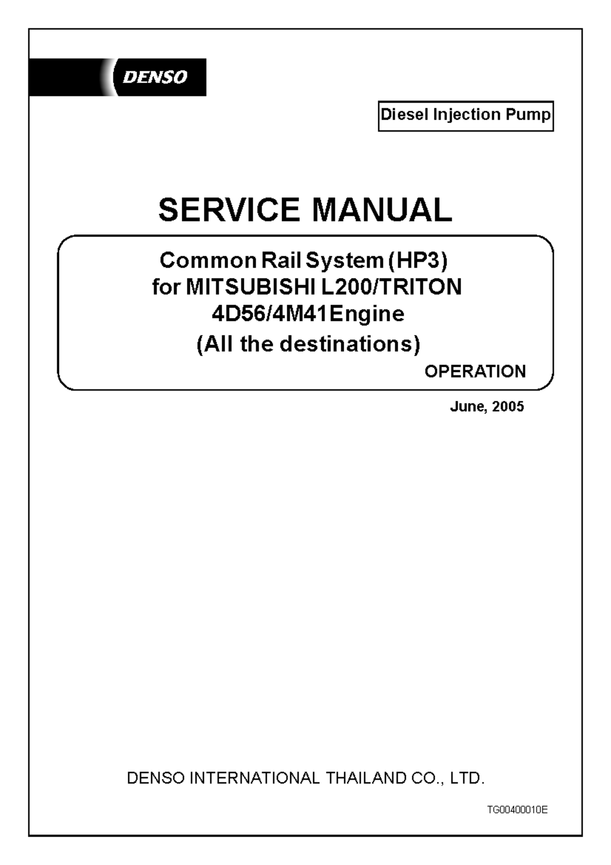 MITSUBISHI L200 Denso Common Rail System Service Manual (HP3) - Document Preview