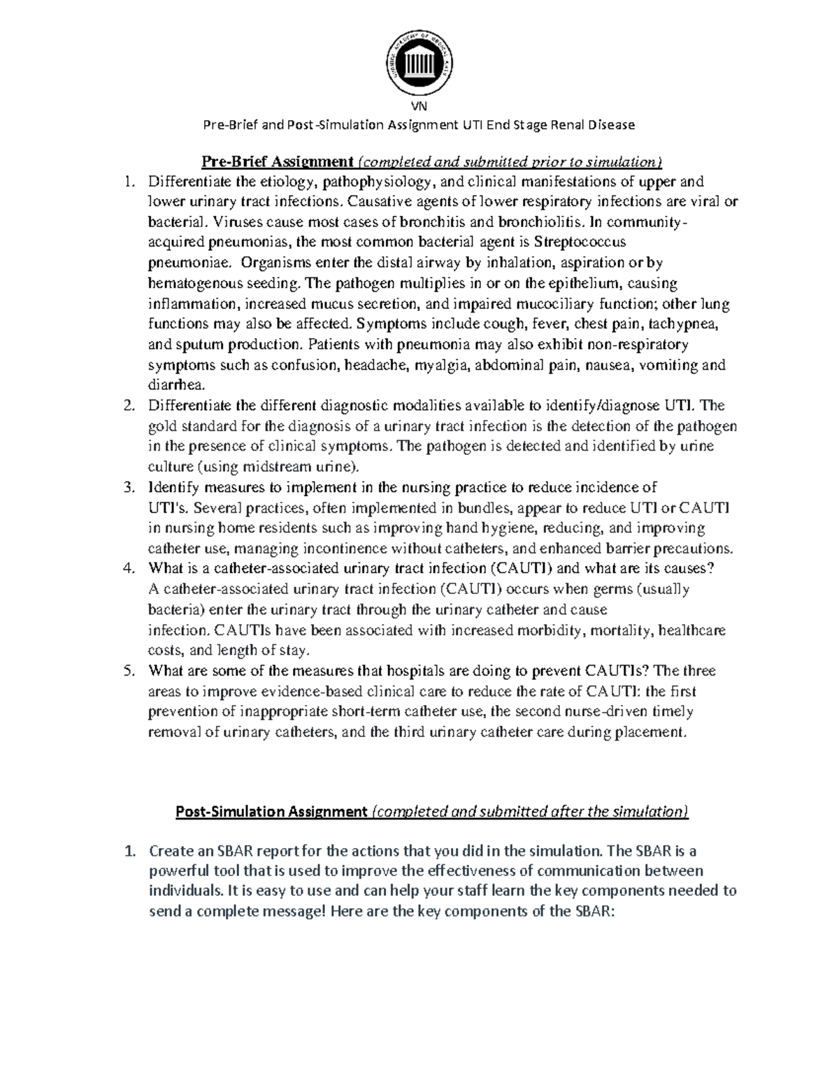 VN Pre-Brief and Post-Simulation Assignment: UTI & End Stage Renal ...