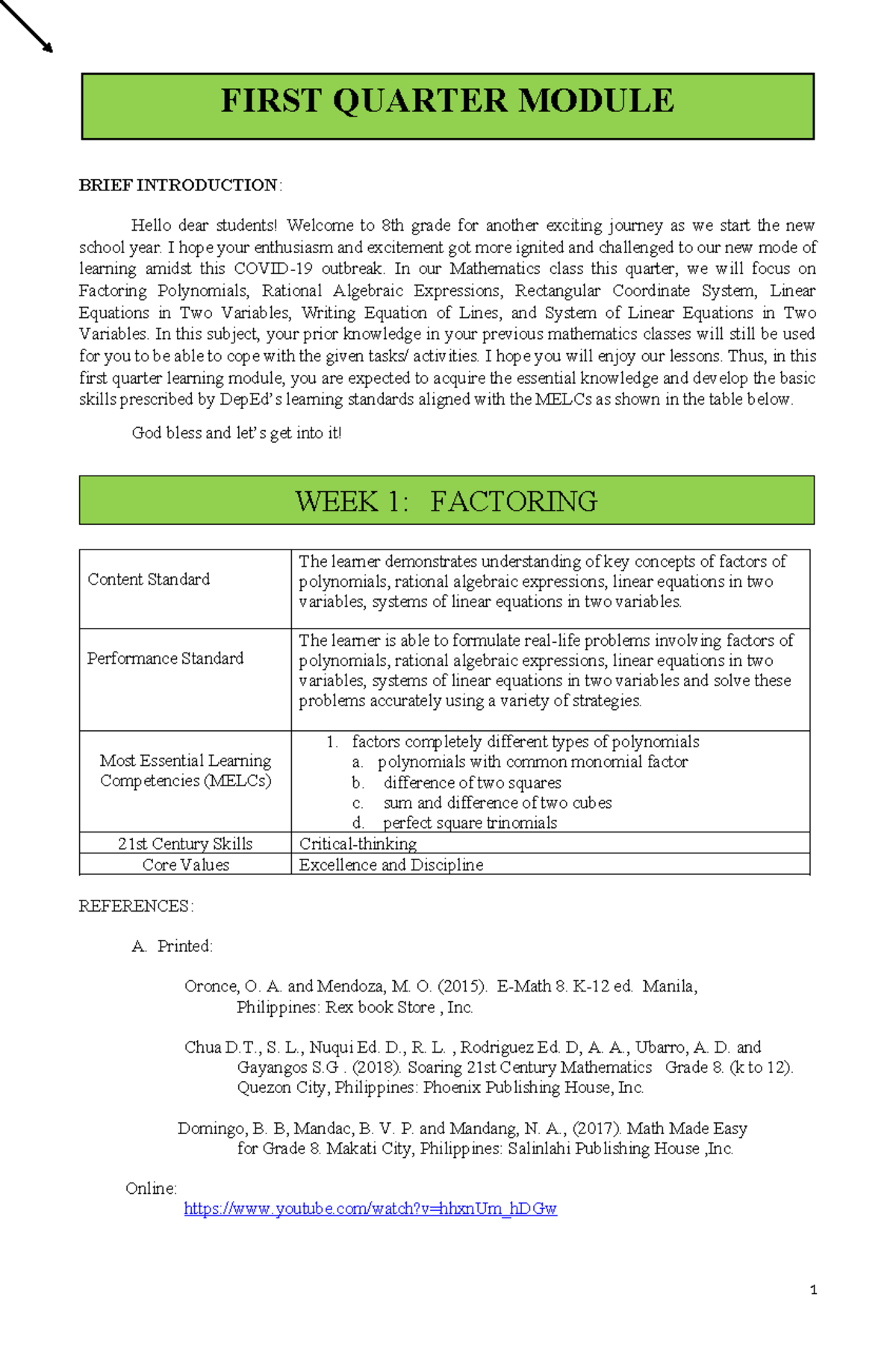 GR. 8Final 1st Quarter Modules - BRIEF INTRODUCTION: Hello dear ...