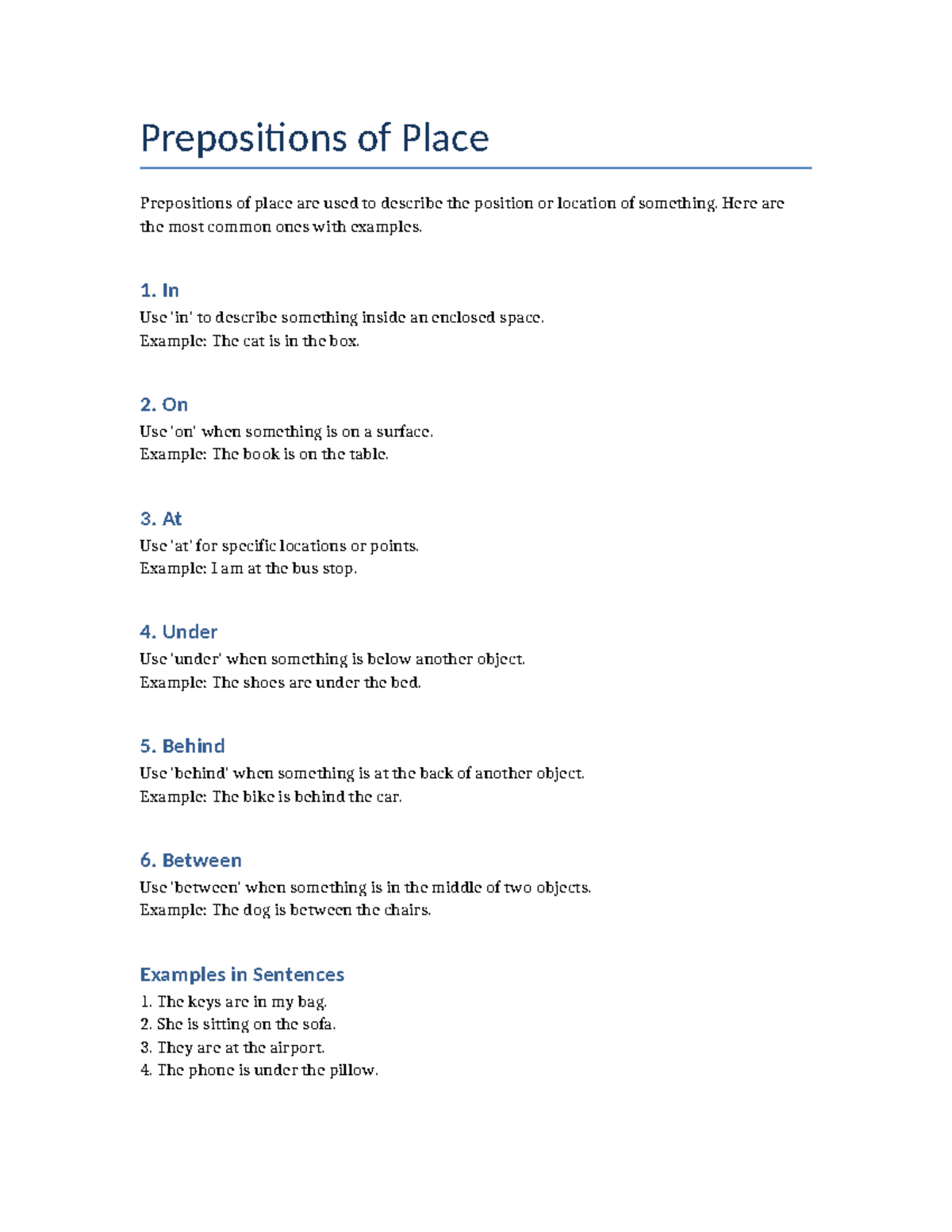 Prepositions of Place: Usage Examples and Explanations - Studocu
