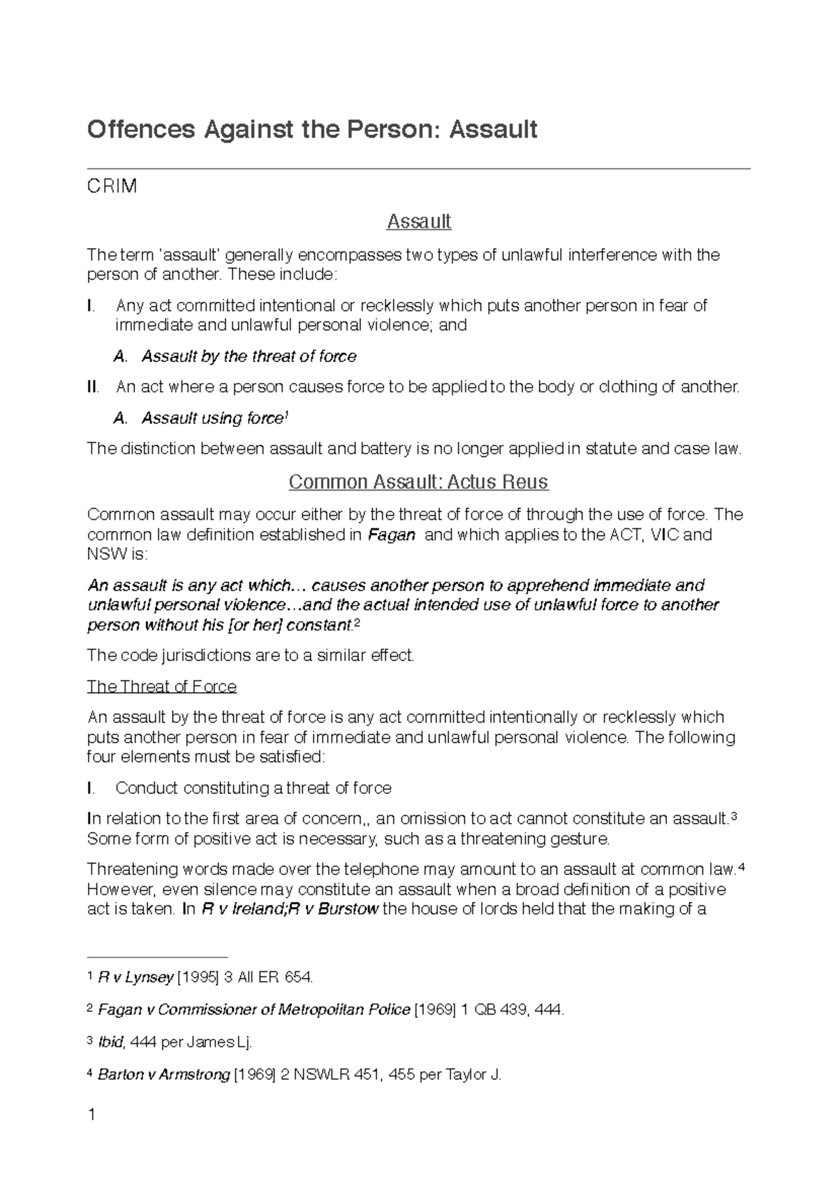 Assault - CRIM - Lecture Notes on Offences Against the Person - Studocu