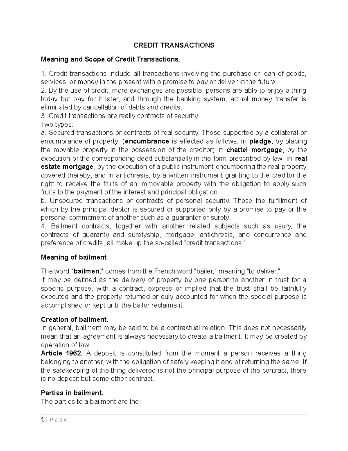 Lecture on Credit Transactions: Meaning, Scope, and Types - Studocu