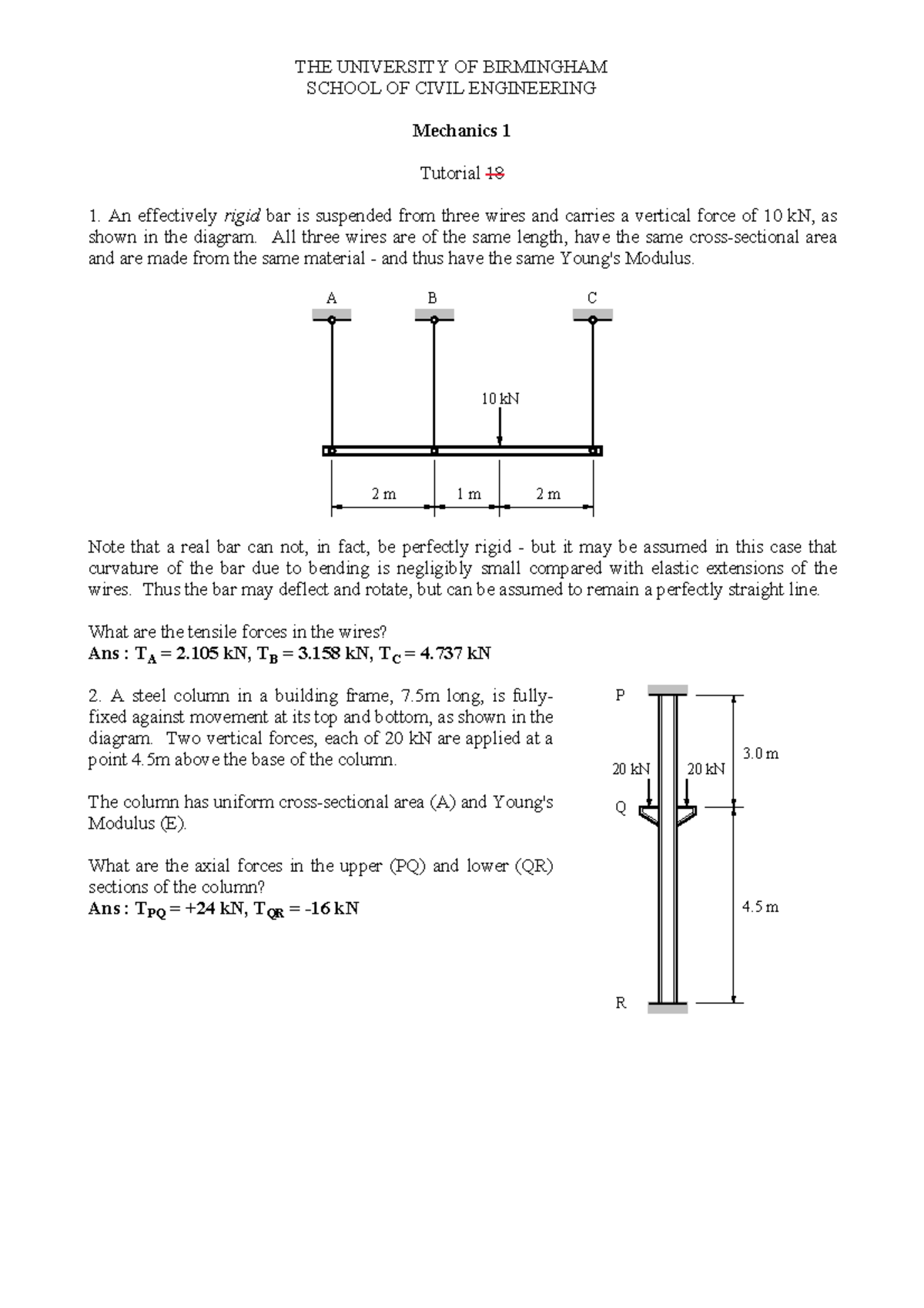 Tutorial 19: Statically Indeterminate Problems - Mechanics 1 - Studocu