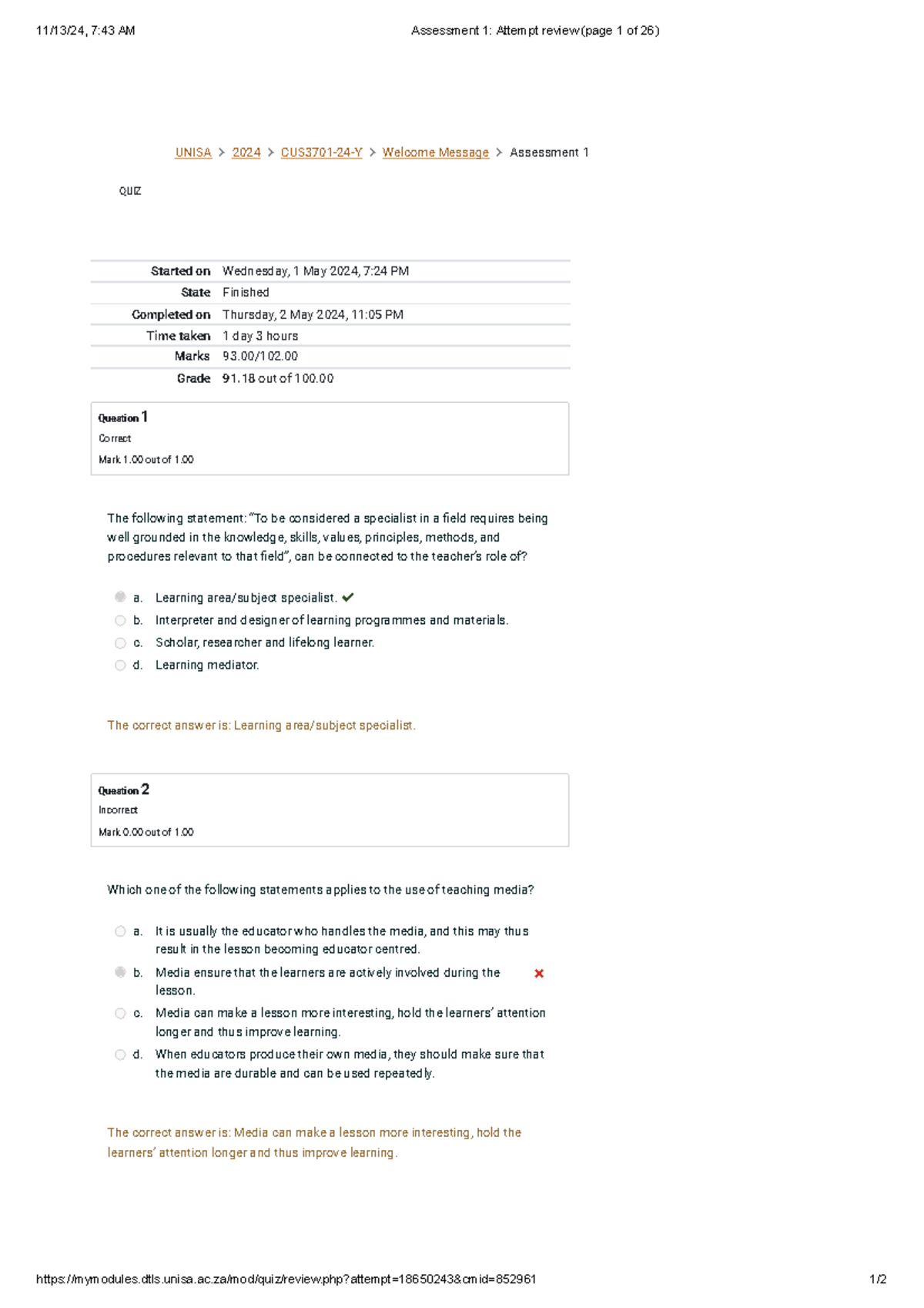 CUS3701 Assessment 1 Attempt Review - Quiz Results Overview - Studocu