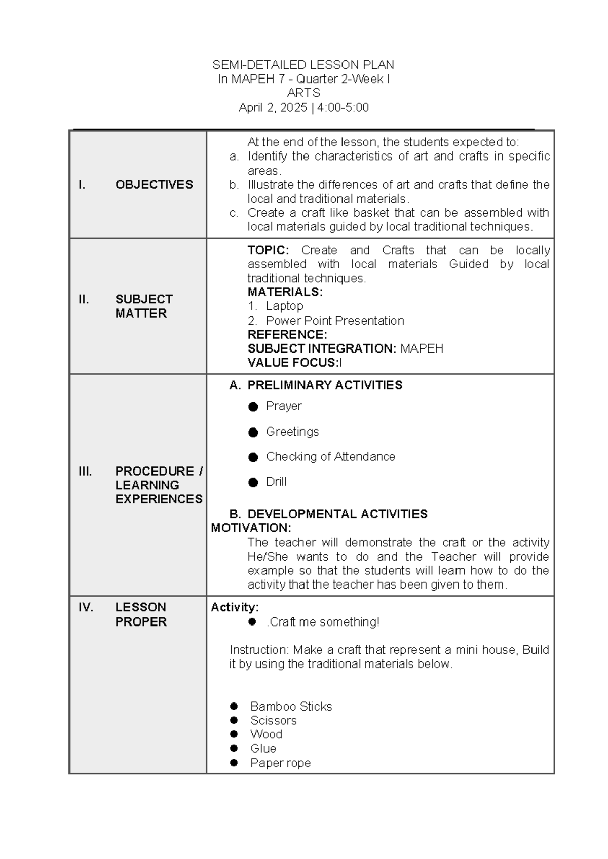 MAPEH 7 Lesson Plan: Arts & Crafts Using Local Materials - Studocu