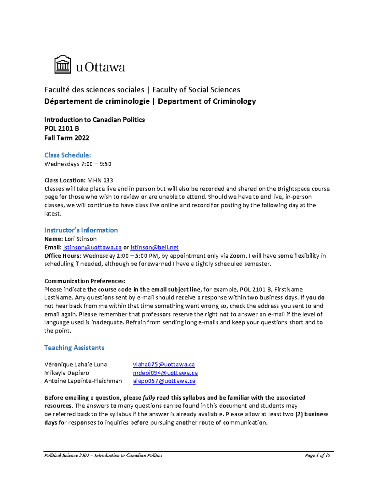 POL 2101 B - Introduction to Canadian Politics Syllabus (Fall 2022 ...
