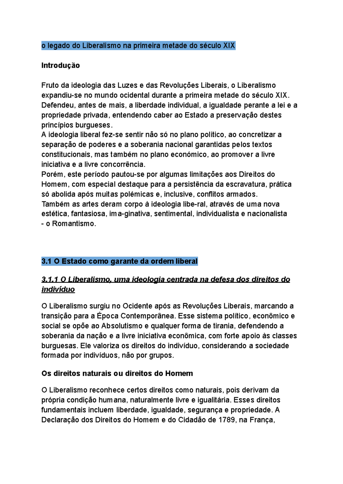Resumos de História: O Legado do Liberalismo no Século XIX - Studocu