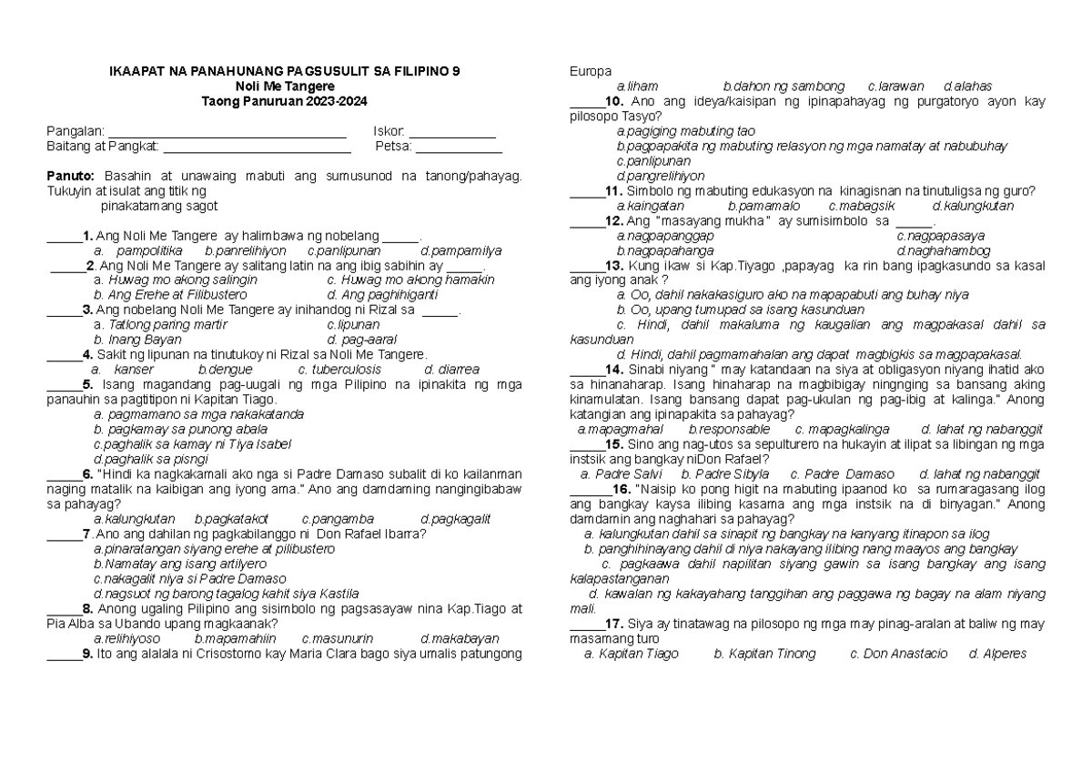 Ikalawang Mahabang Pagsusulit sa Filipino 9: Pagsusuri at Pagsagot ...