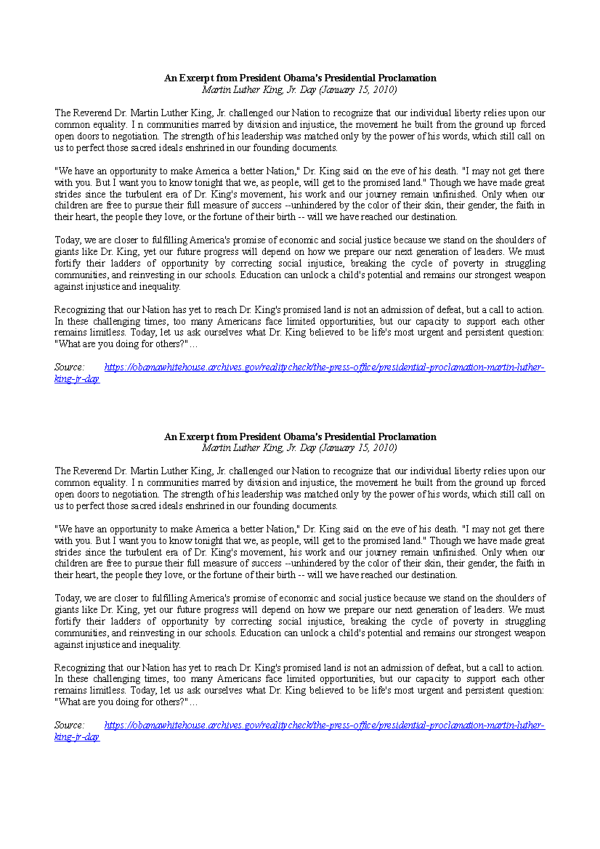 Excerpt: President Obama's Proclamation on MLK Jr. Day (2010) - Studocu