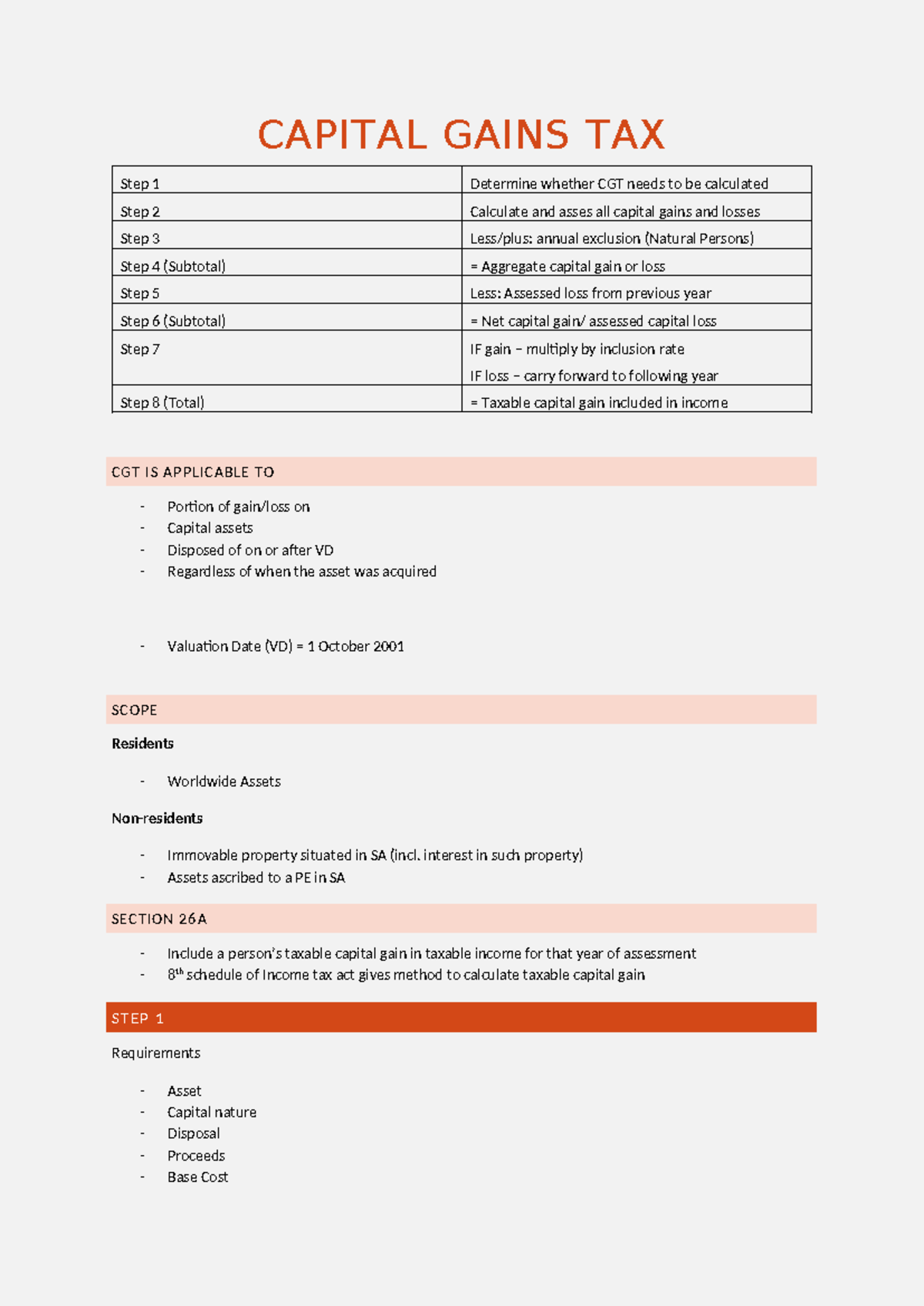 Capital Gains Tax (CGT) Calculation Notes for Tax Assessment - Studocu