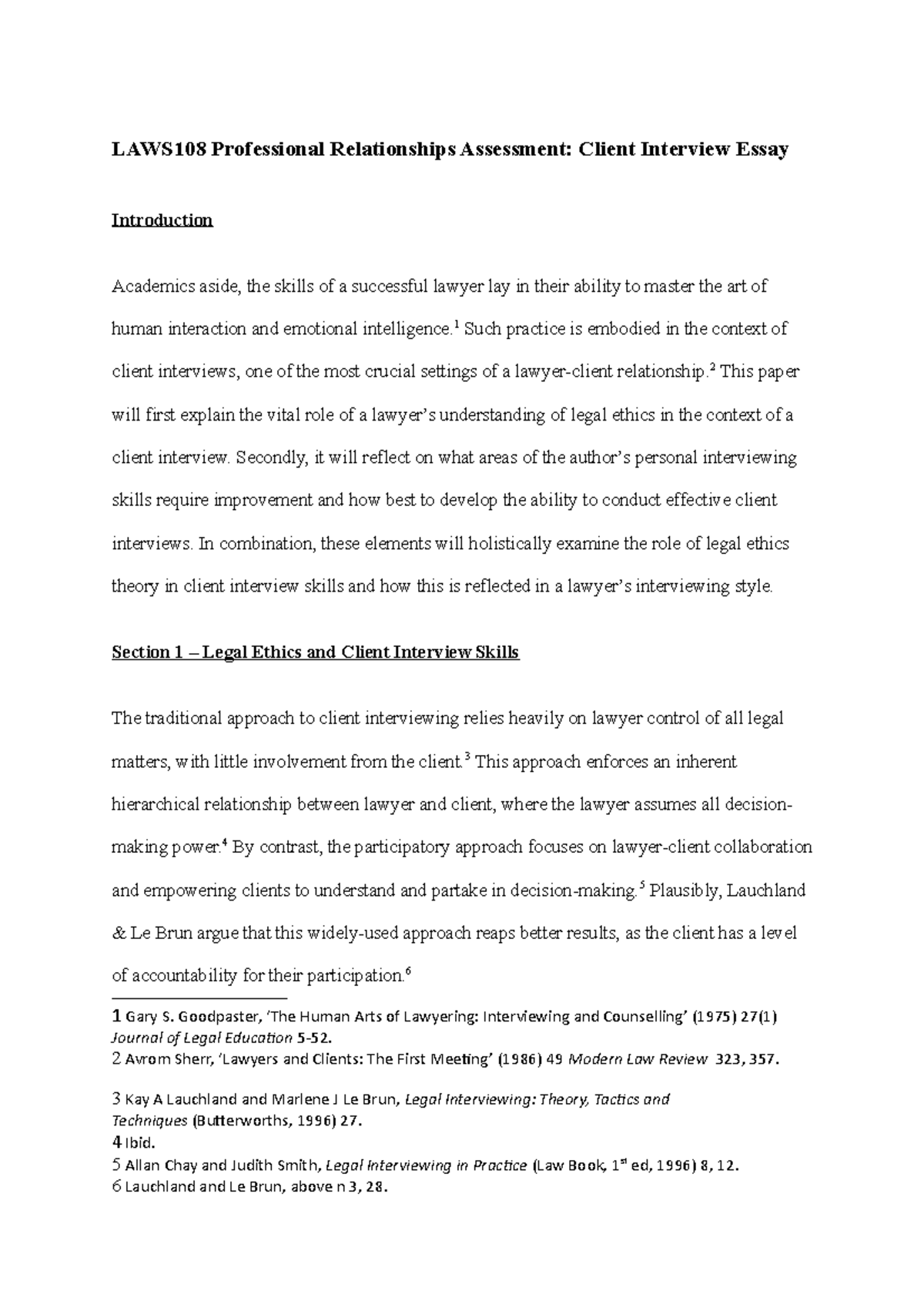 Client Interview Essay - LAWS108 Professional Relationships Assessment ...