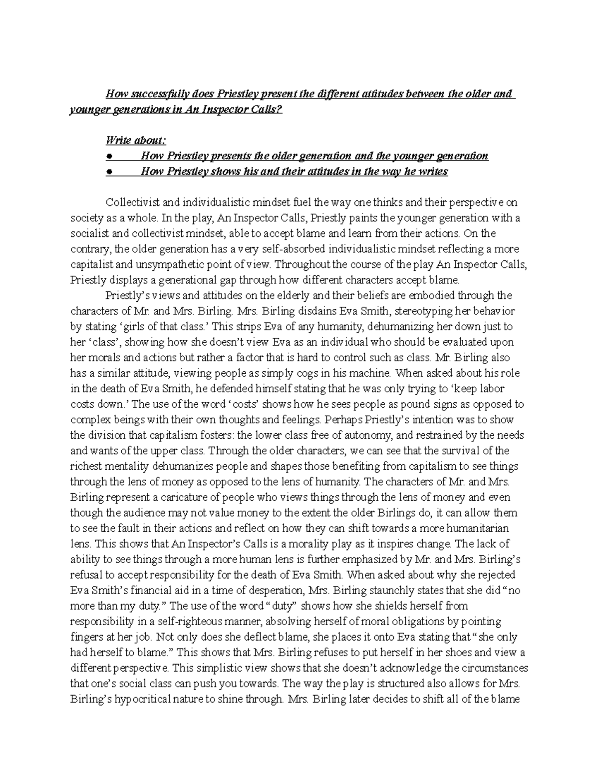 AIC 2023 Essay: Generational Attitudes in An Inspector Calls - Studocu