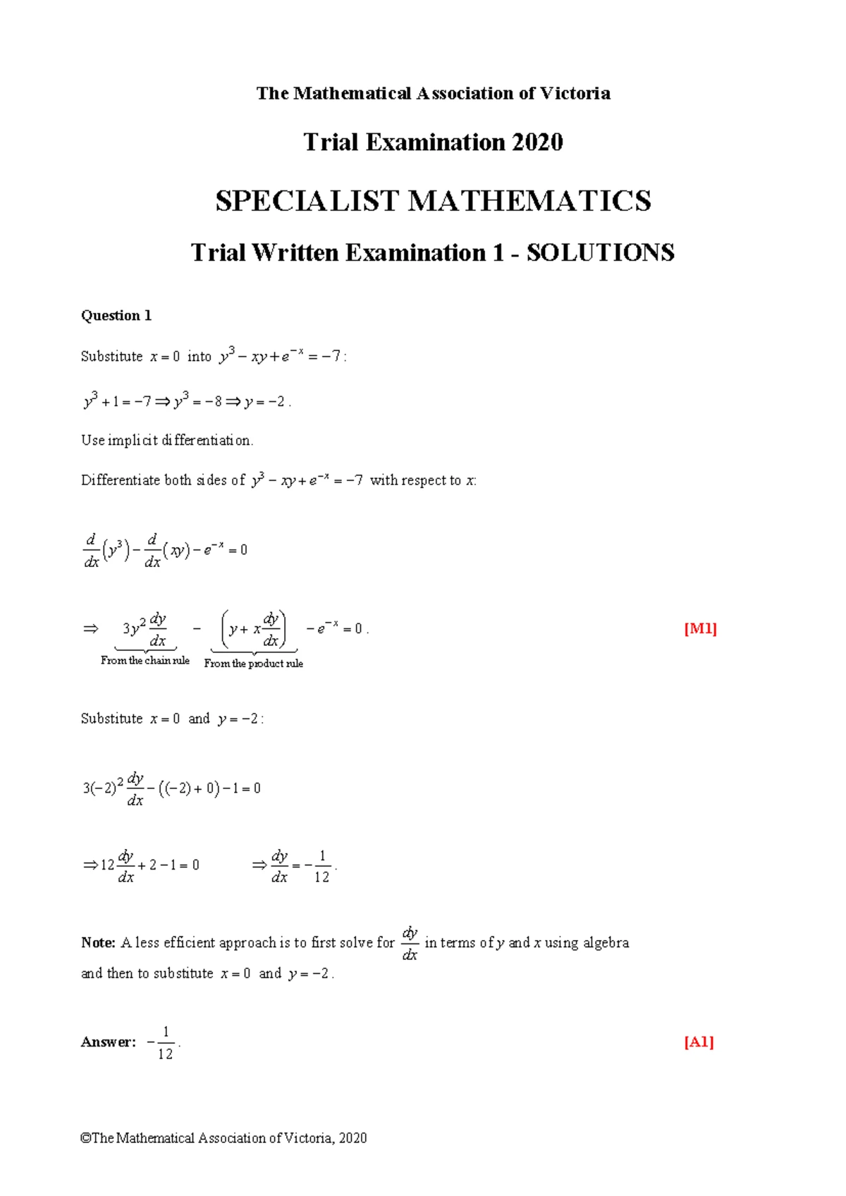 2020 MAV Trial Exam 1 - Specialist Mathematics Past Paper - Studocu