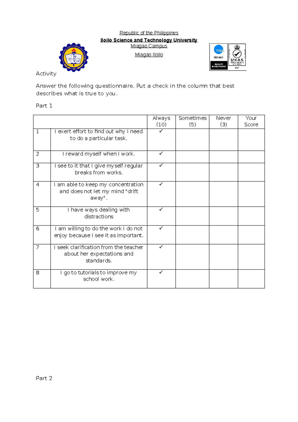 ED-7-Activity-1: Self-Assessment of Study Habits and Metacognition ...