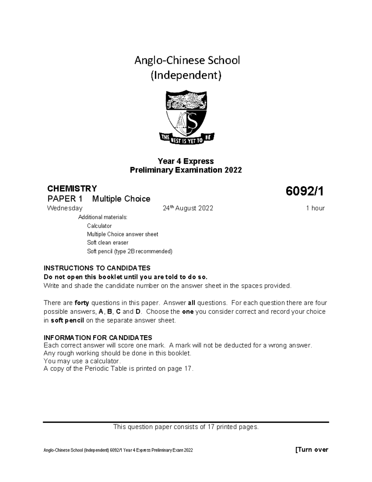 2022 ACSI Y4 Chemistry Prelim Exam P1 - MCQ Questions - Studocu