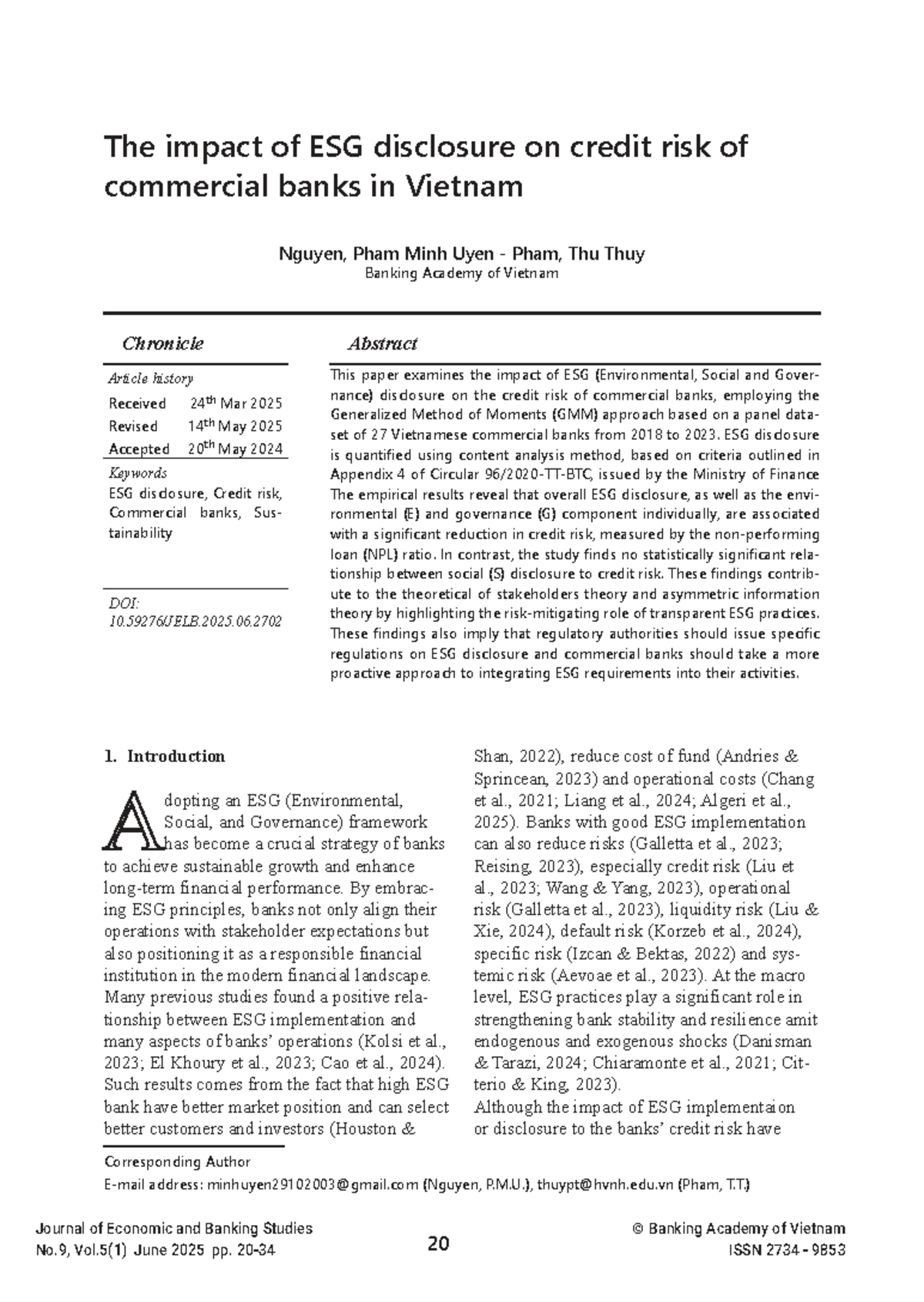 The Impact of ESG Disclosure on Credit Risk in Vietnamese Banks (FIN ...