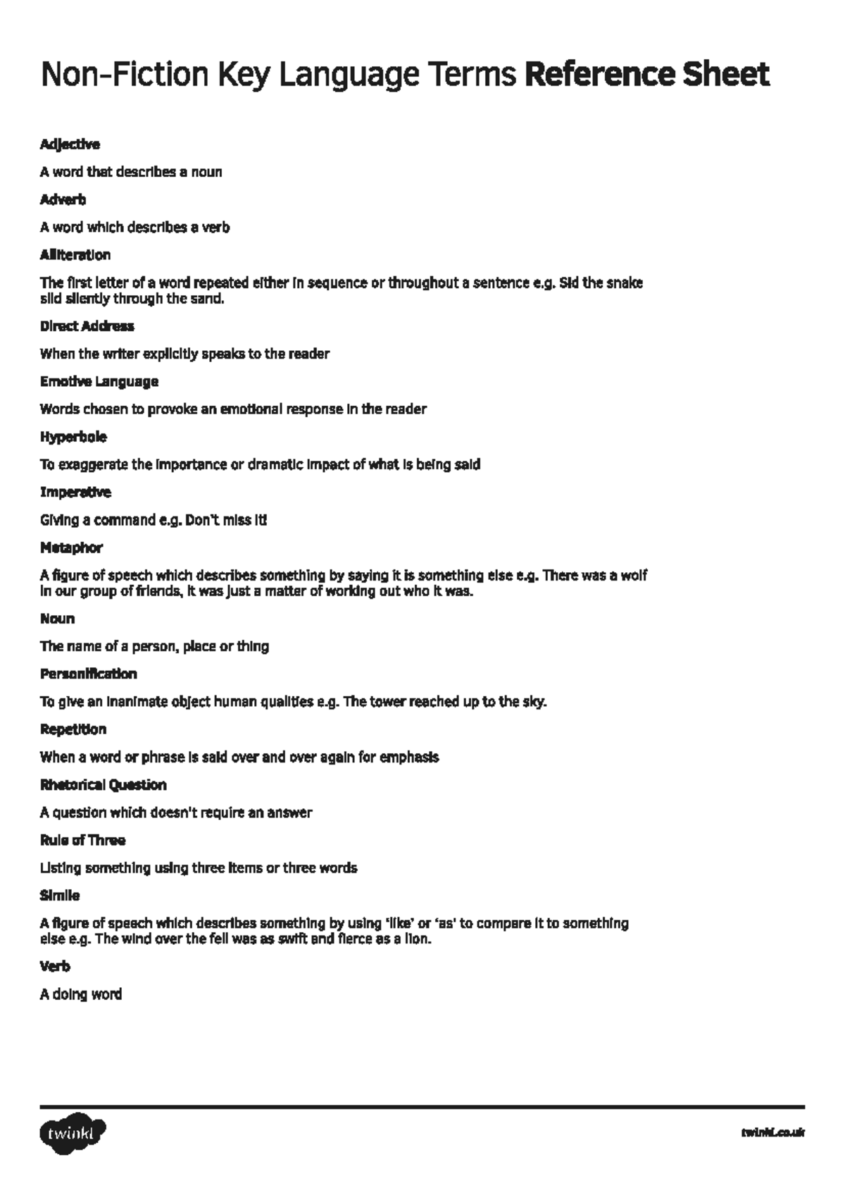Non-Fiction Key Language Terms Reference Sheet - Studocu
