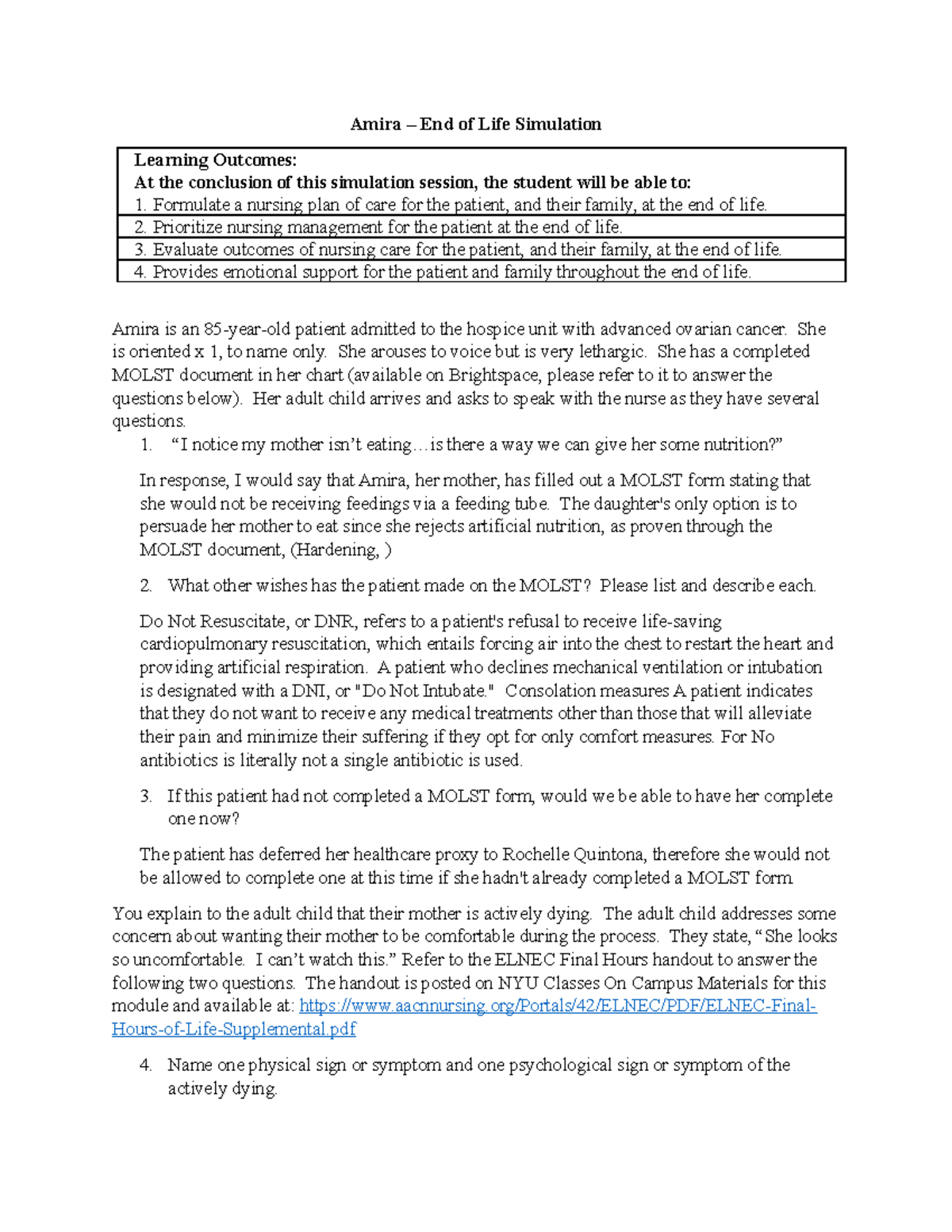 Amira End of Life Simulation Assignment: Nursing Care Strategies - Studocu