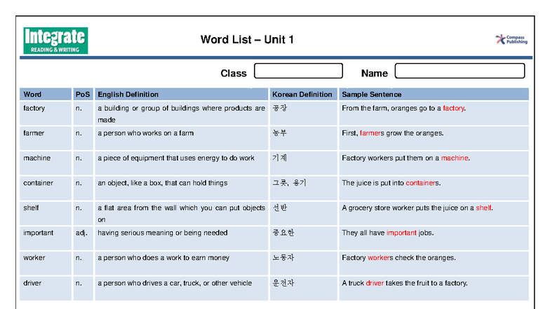 Integrate Reading Writing Basic 1 Word List - Class Name Word PoS ...