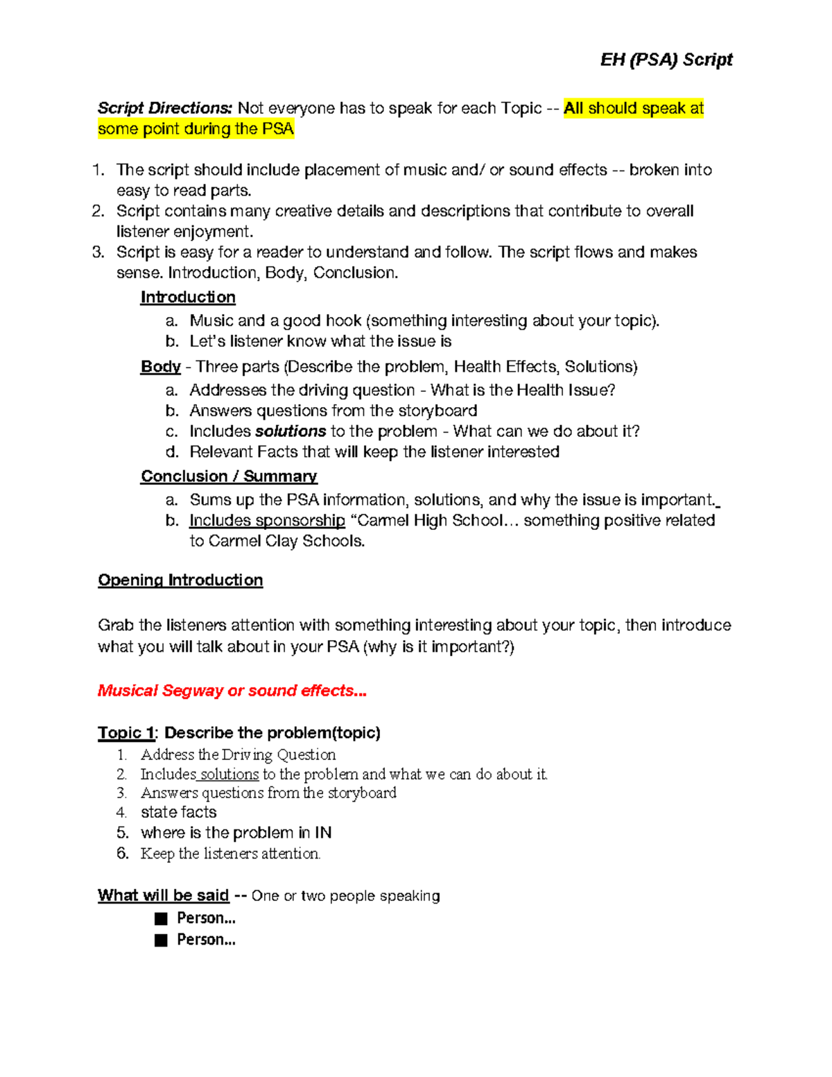 EH (PSA) Script: Creative Directions for Engaging Presentations - Studocu