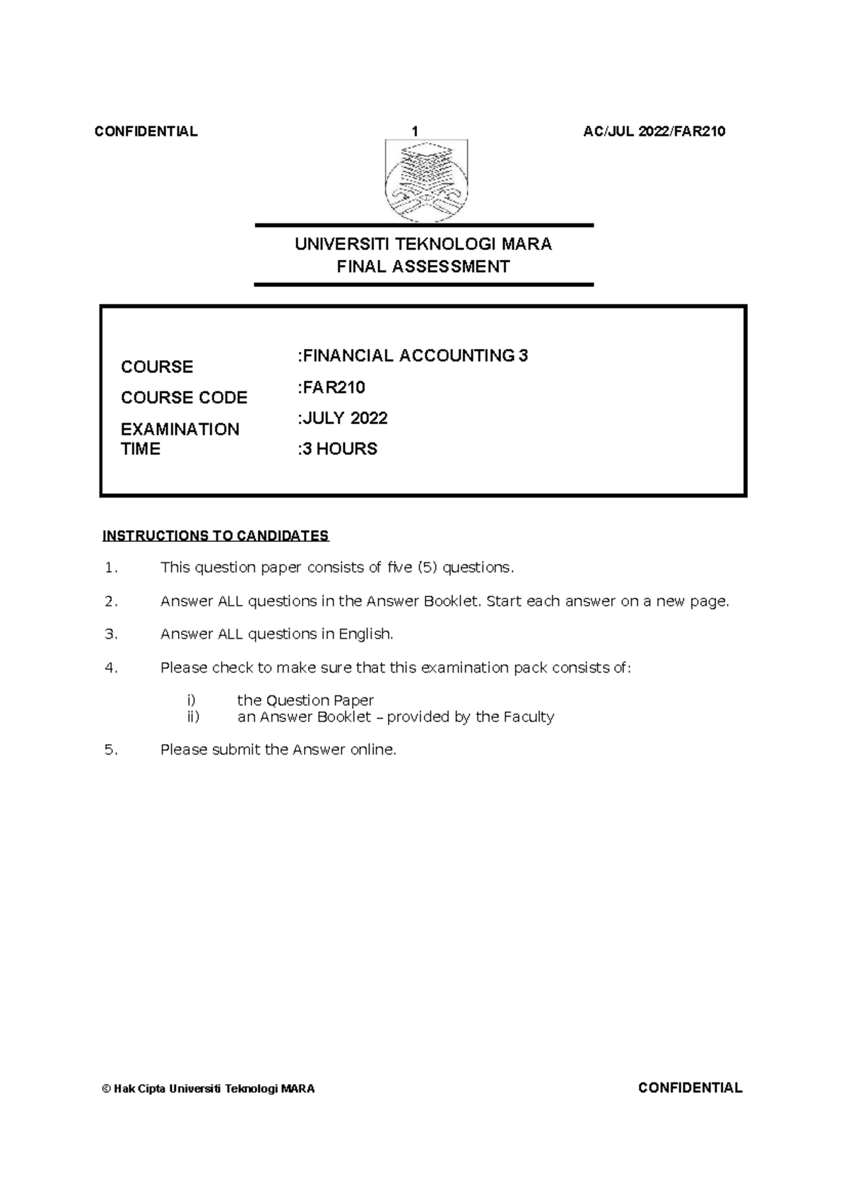 FAR210 July 2022 Final Assessment: Financial Accounting 3 Exam Paper ...