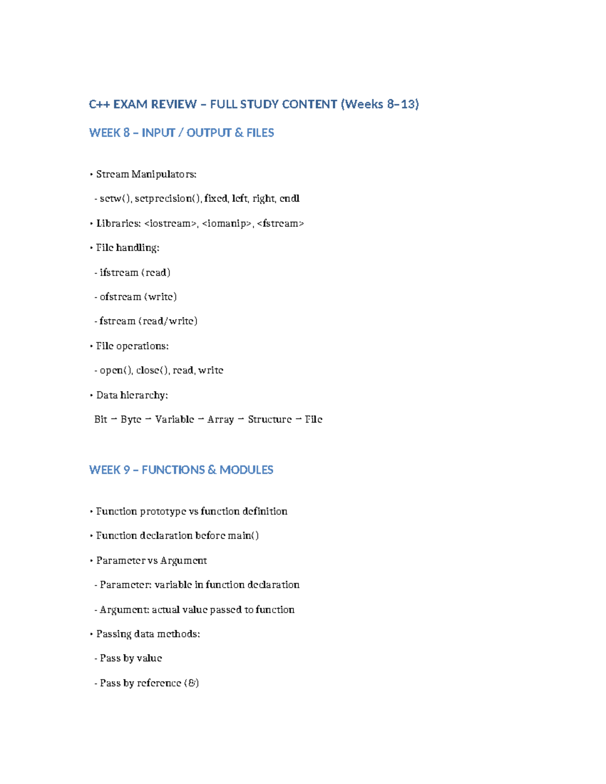 C++ EXAM REVIEW: Comprehensive Study Guide for Weeks 8-12 - Studocu