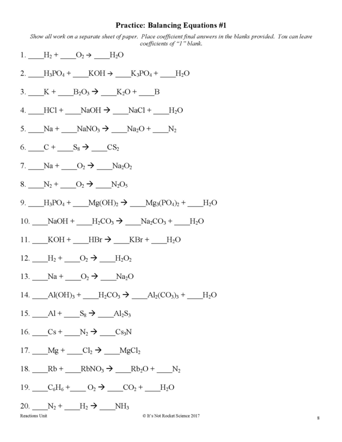 Practice: Balancing Chemical Equations - Reactions Unit 047579 - Studocu