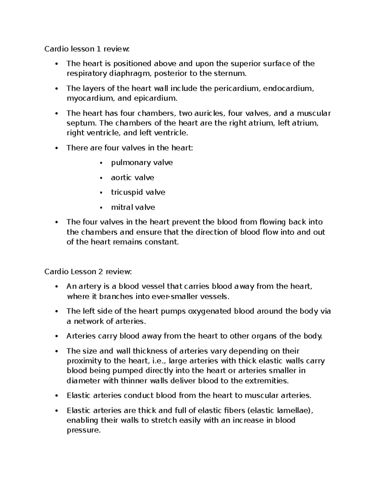 Cardio Lesson Reviews: Comprehensive Notes on Heart & Circulation - Studocu