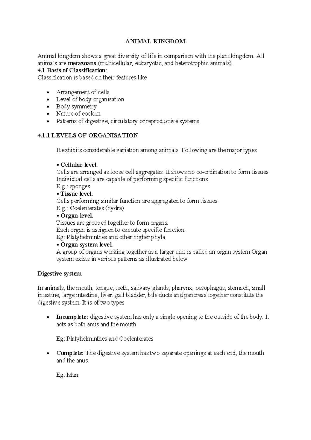 ANIMAL KINGDOM - Lecture Notes on Classification & Organization - Studocu