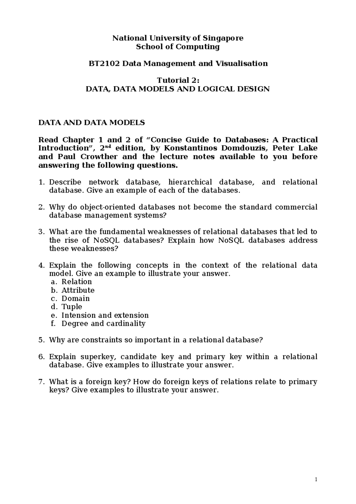 BT2102 Tutorial 2: Data Models & Logical Design Insights - Studocu
