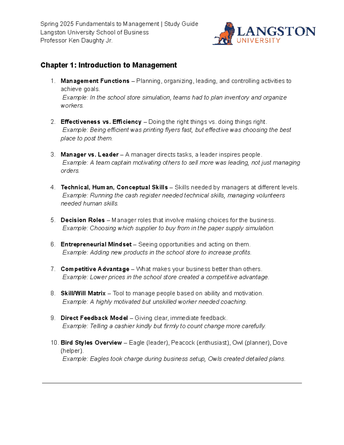 Spring 2025 Fundamentals to Management Study Guide | Langston ...