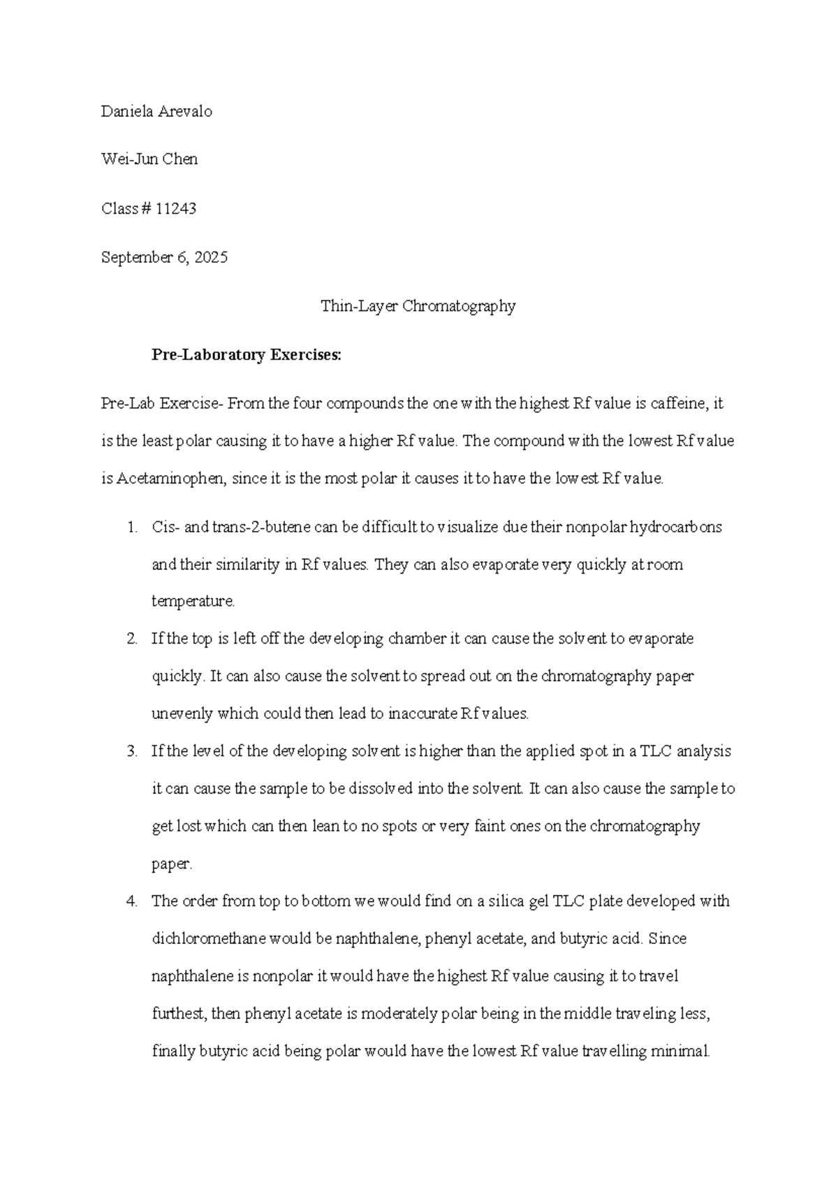 TLC Lab Report: Chromatography Exercises for Class 11243 - Studocu