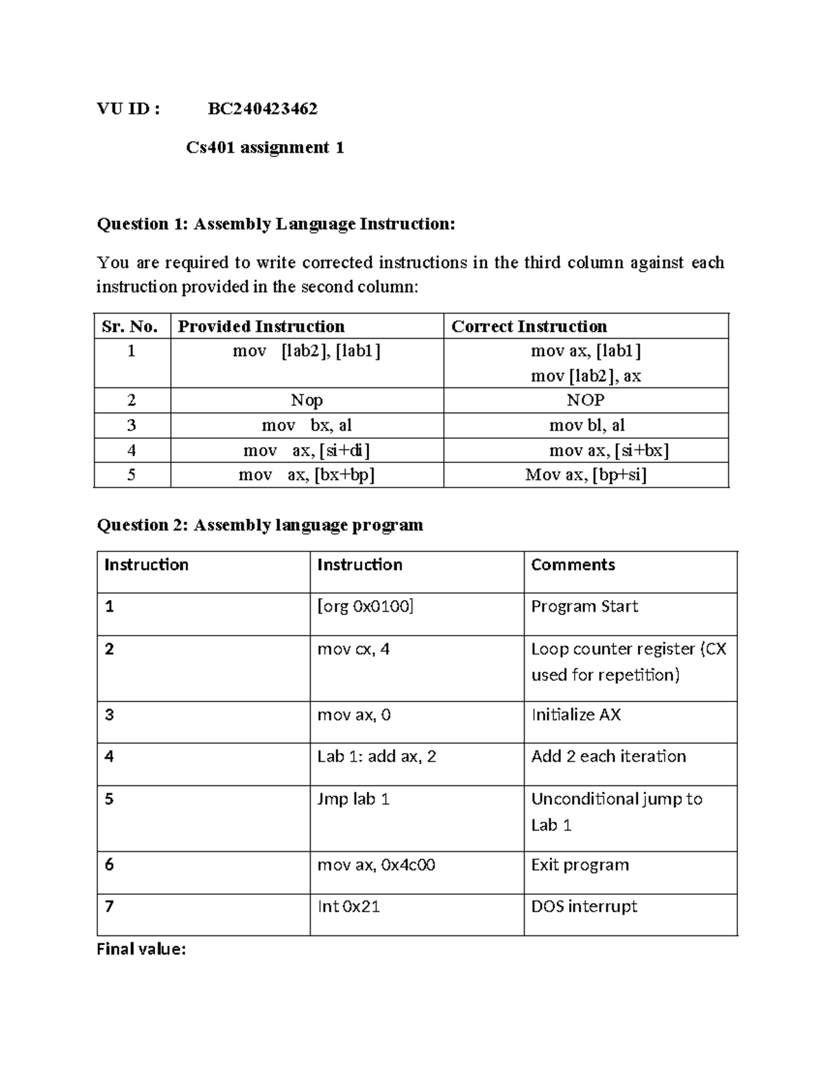 Spring 2026 CS401 Assignment 1: Assembly Language Instructions - Studocu