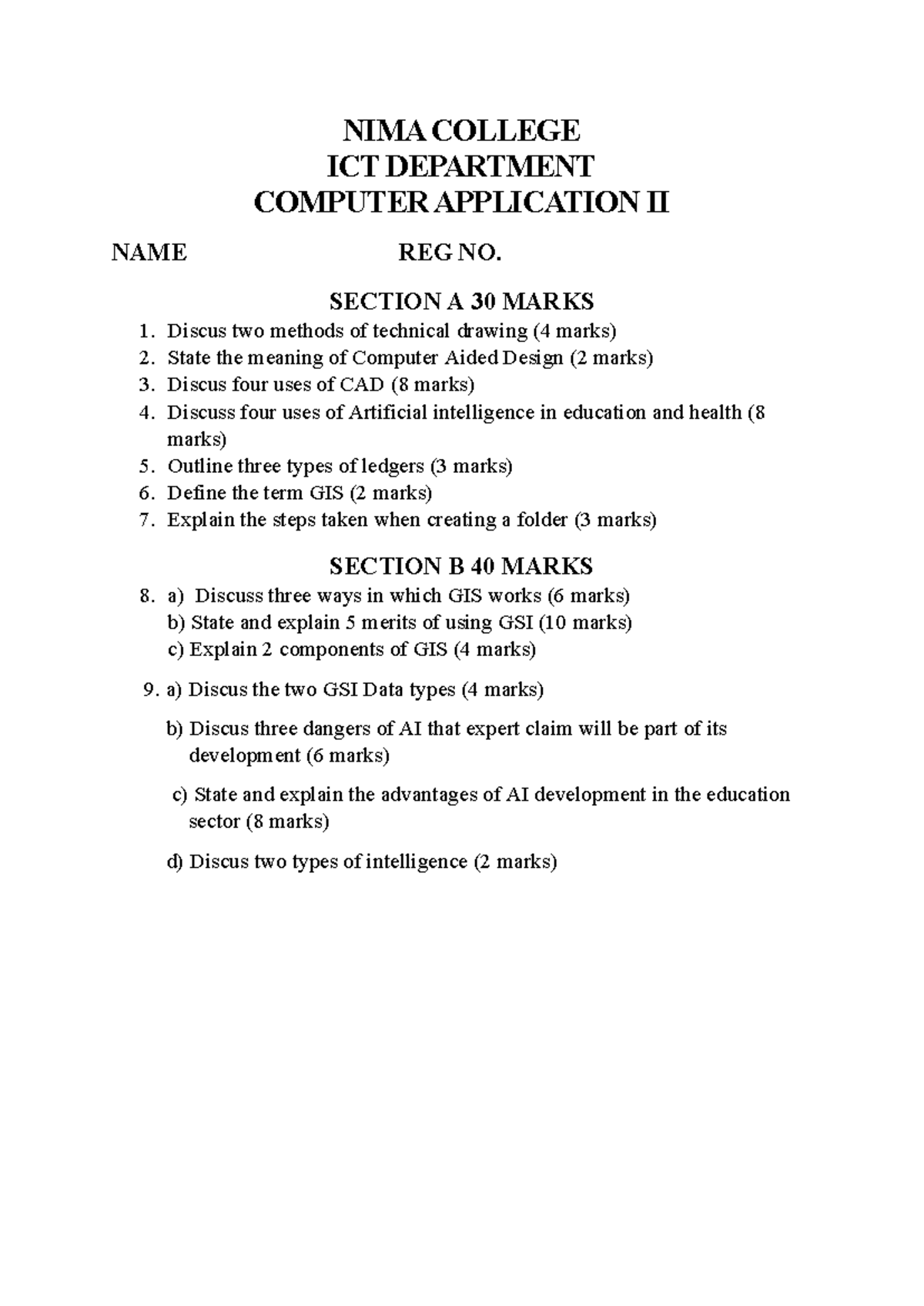 Comp App II - Past Paper on AI and Technical Drawing for ICT - Studocu