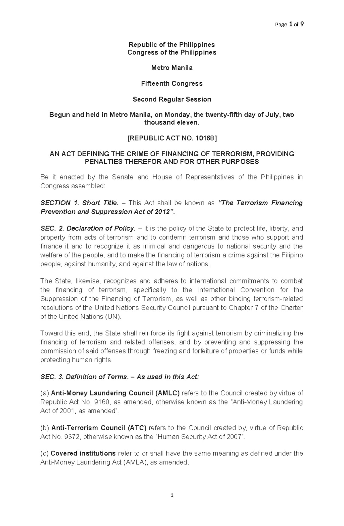 Republic Act No. 10168: Terrorism Financing Prevention Act - Studocu