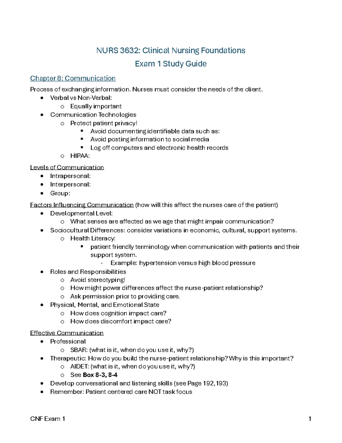 NURS 3632: CNF Exam 1 Study Guide - Key Concepts and Topics - NURS 3632 ...