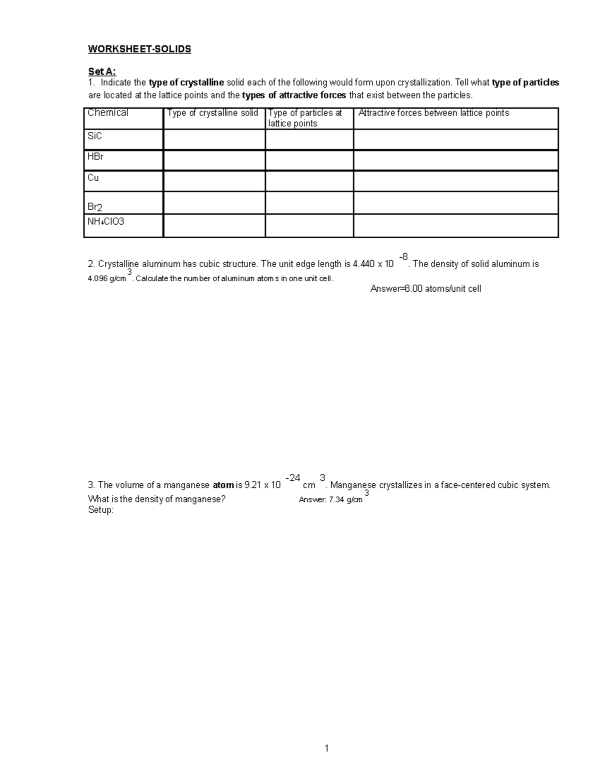 Chemistry 101: Solid Worksheet on Crystalline Structures and Properties ...