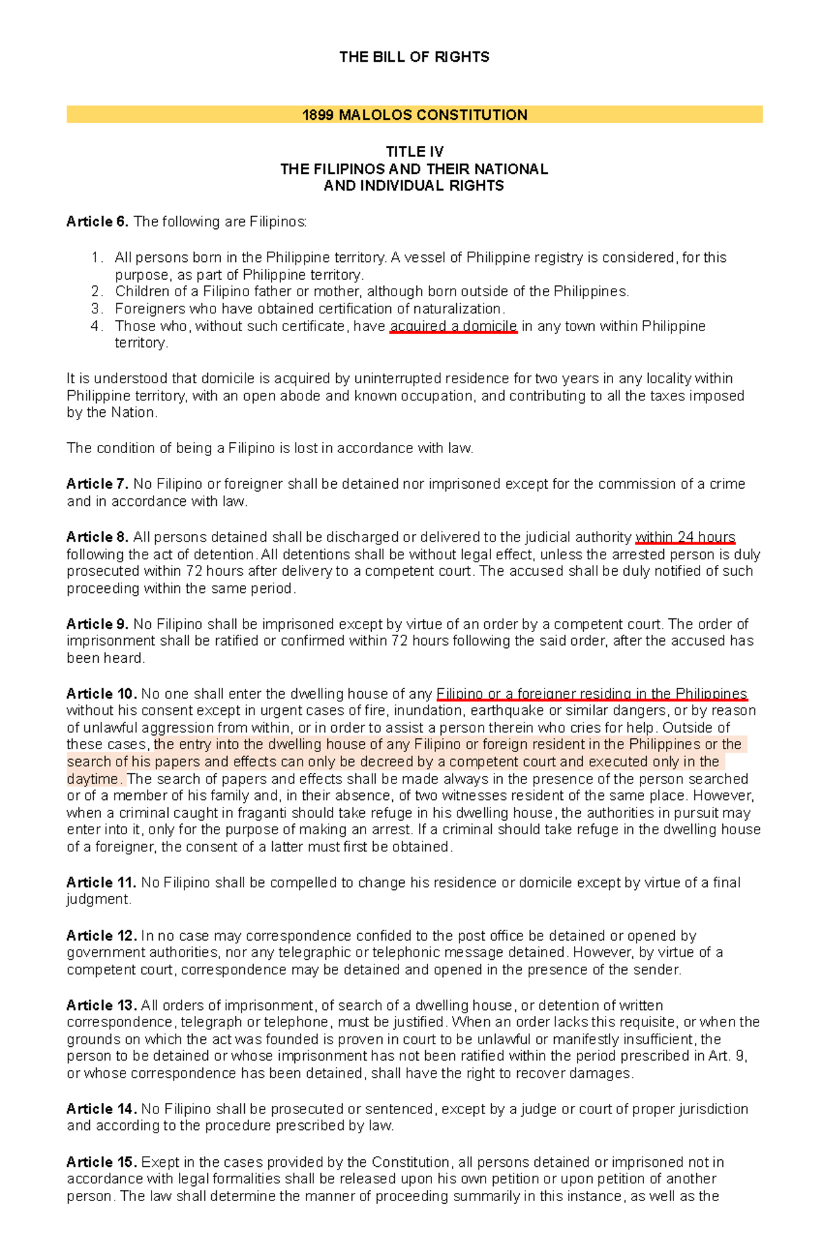 Philippine Constitutions: An Overview of the Bill of Rights - Studocu