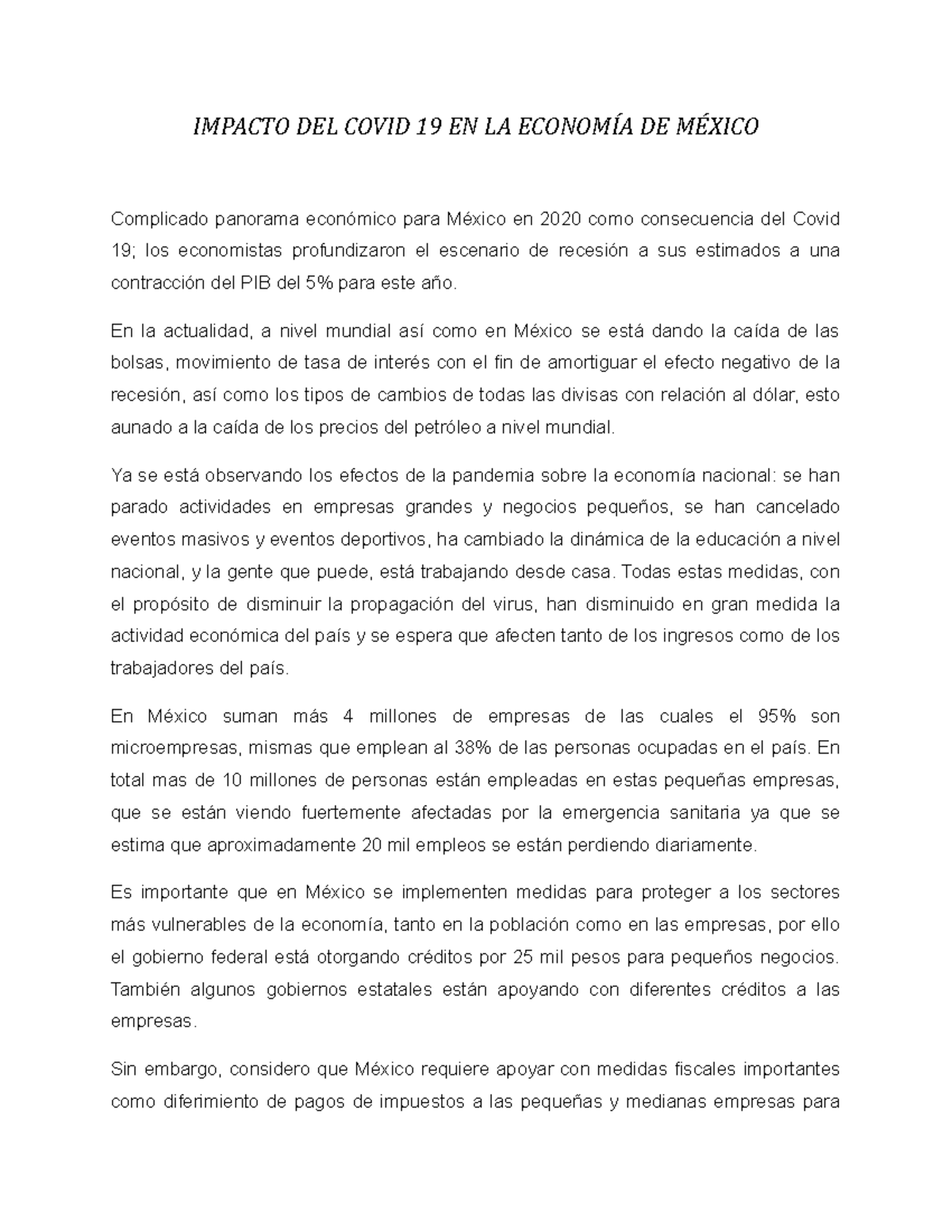 Ensayo Borrador sobre el Impacto del COVID-19 en la Economía de México ...