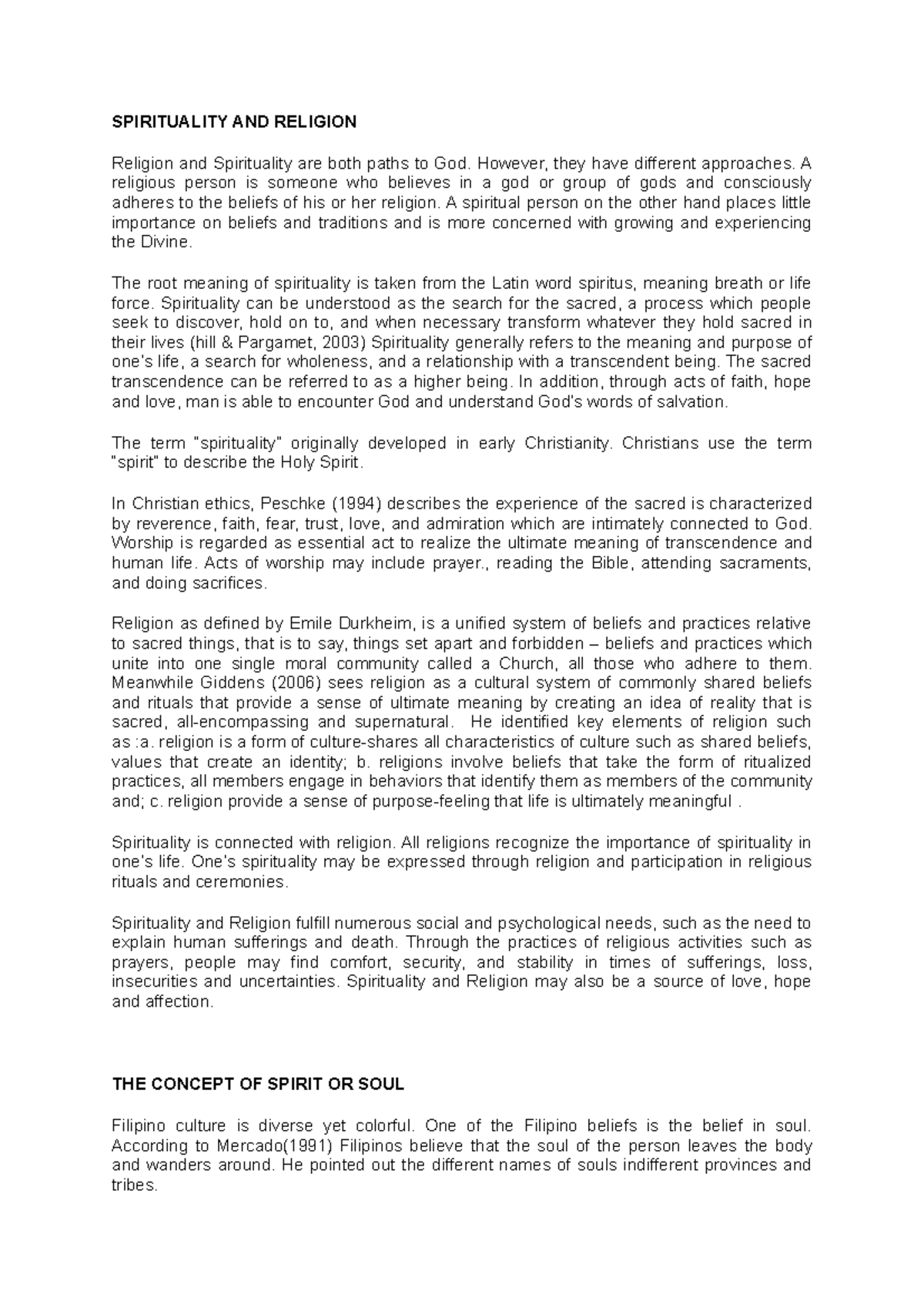 Spirituality and Religion UTS Final Exam: Understanding the Self - Studocu