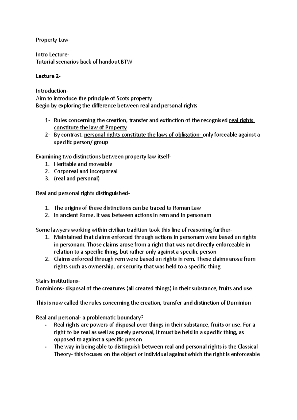 Property Law (LAW101) - Comprehensive Lecture Notes Summary - Studocu