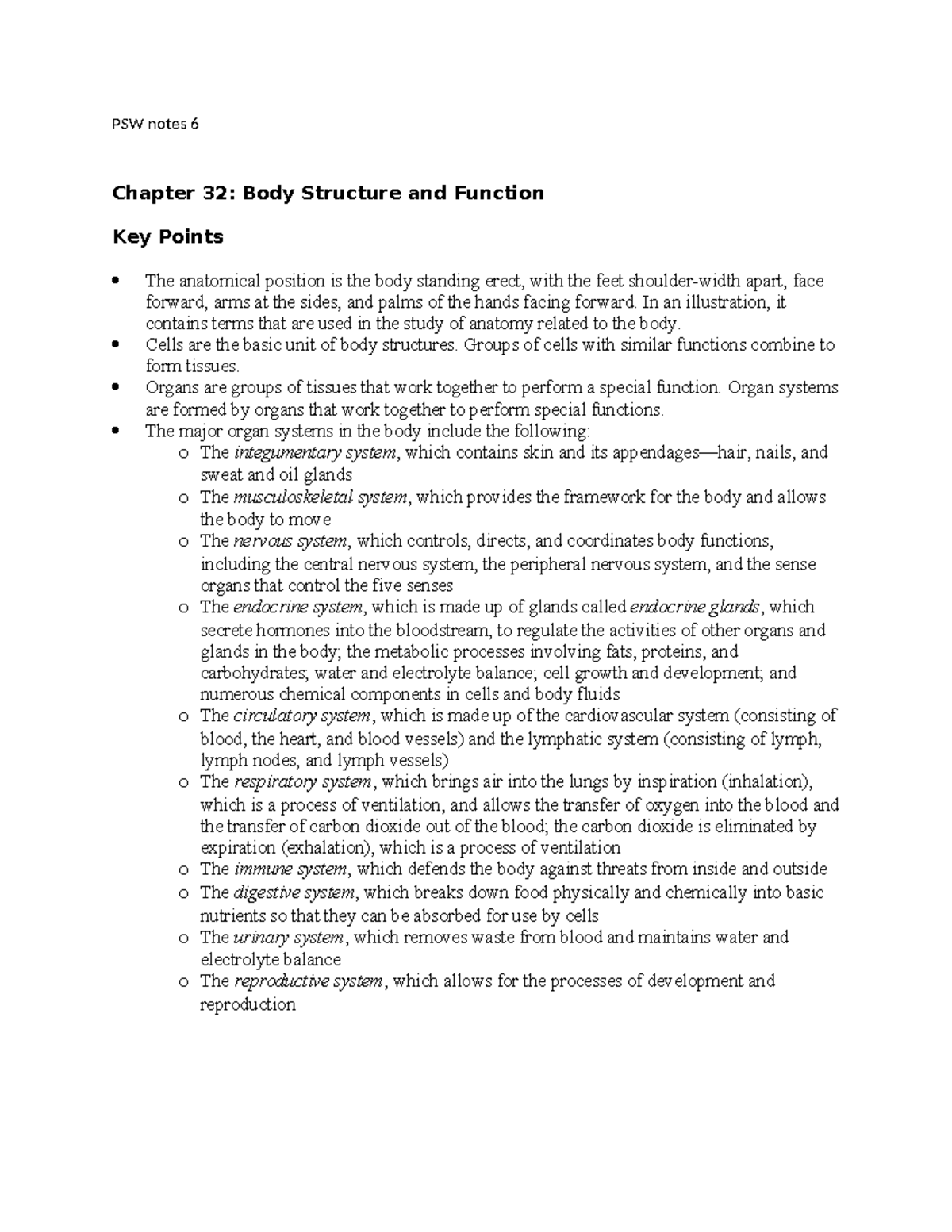 PSW Notes 6: Chapter 32 - Body Structure & Function Overview - Studocu