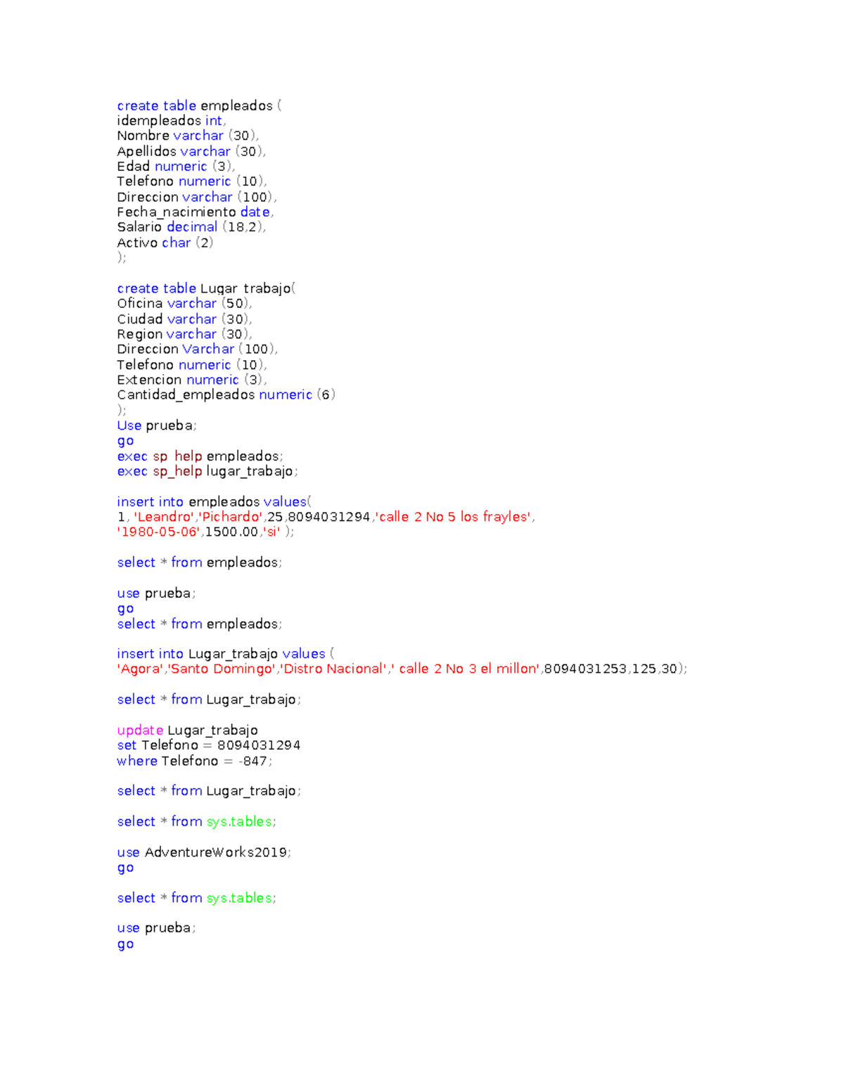 SQL Table Creation and Management for Empleados and Lugar_trabajo - Studocu