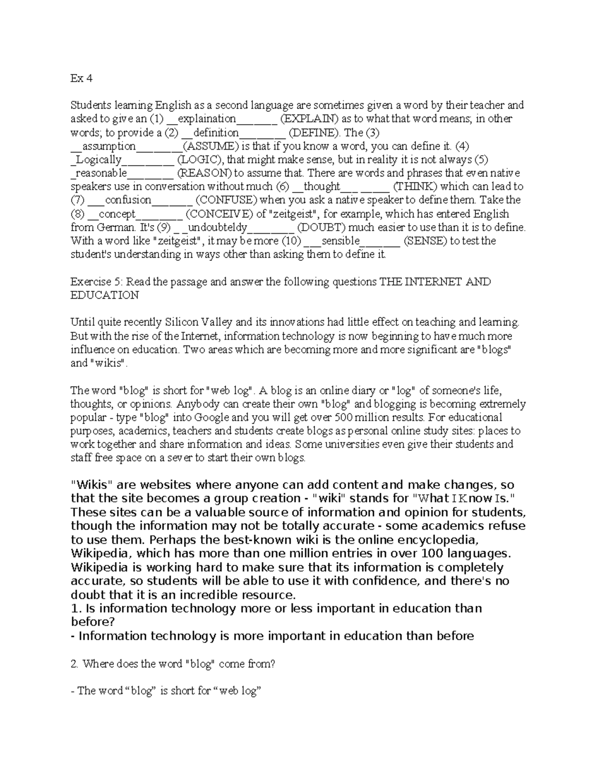 Unit 8 - Exercise on English Vocabulary and Internet Education - Studocu