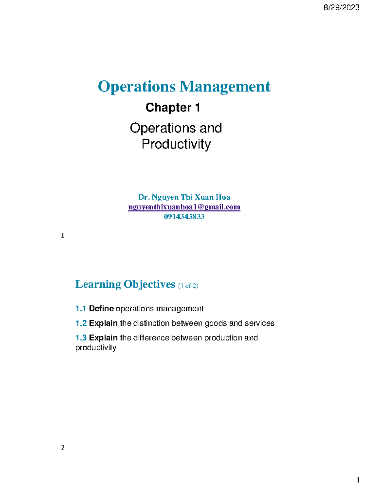 OM12 Chapter 1: Operations Management and Productivity Overview - Studocu