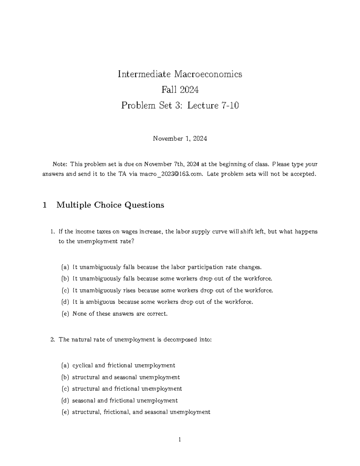 Intermediate Macroeconomics Problem Set 3 (Fall 2024) - Studocu