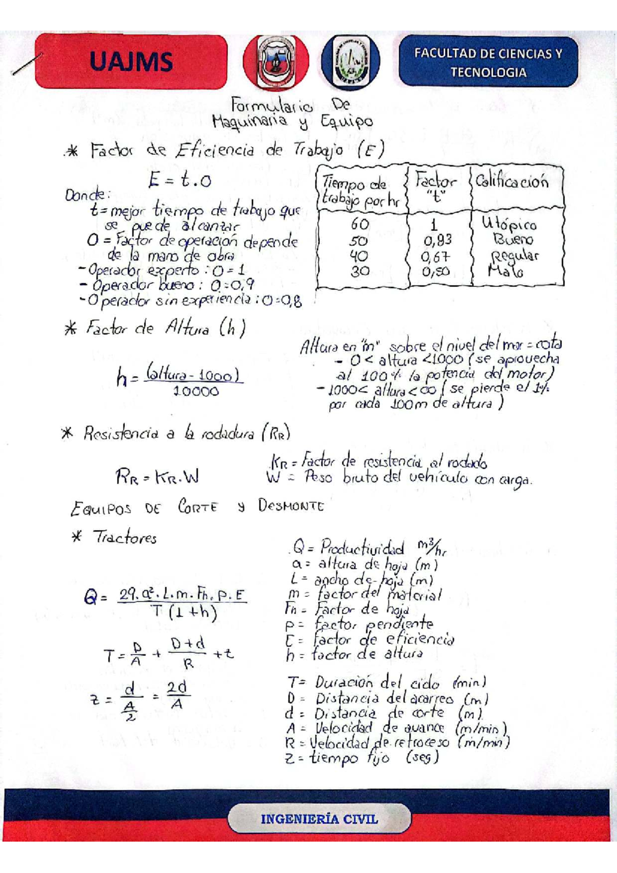 Formulario de Maquinaria y Eficiencia de Trabajo - UAJMS Ingeniería Civil - Document Preview