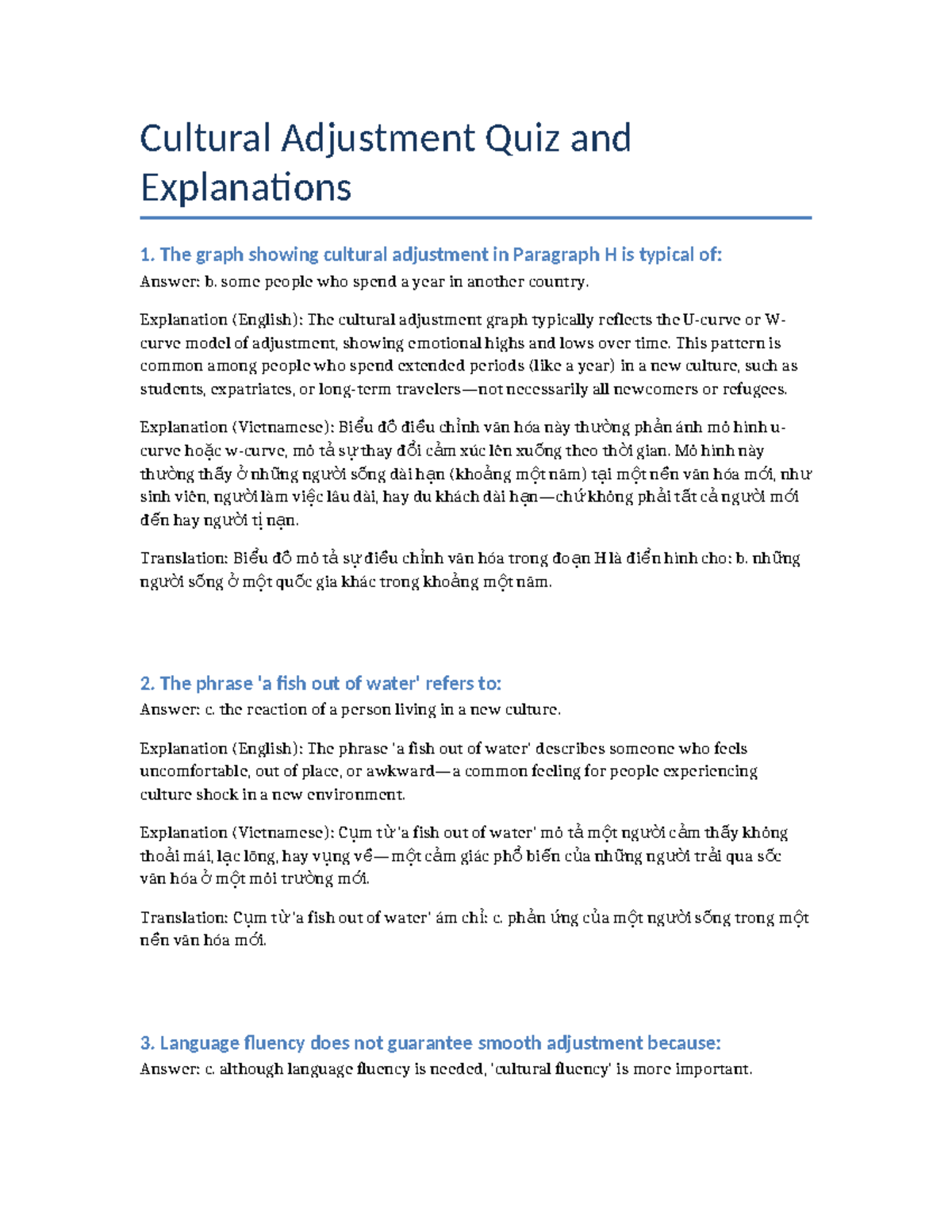 Cultural Adjustment Quiz: Insights and Explanations - Document Preview